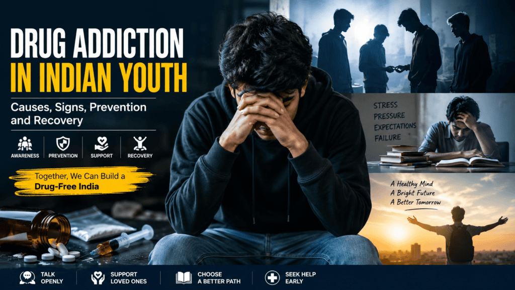 Drug addiction in Indian youth showing causes, warning signs, prevention, and recovery with an awareness concept for Indian students and young adults.
