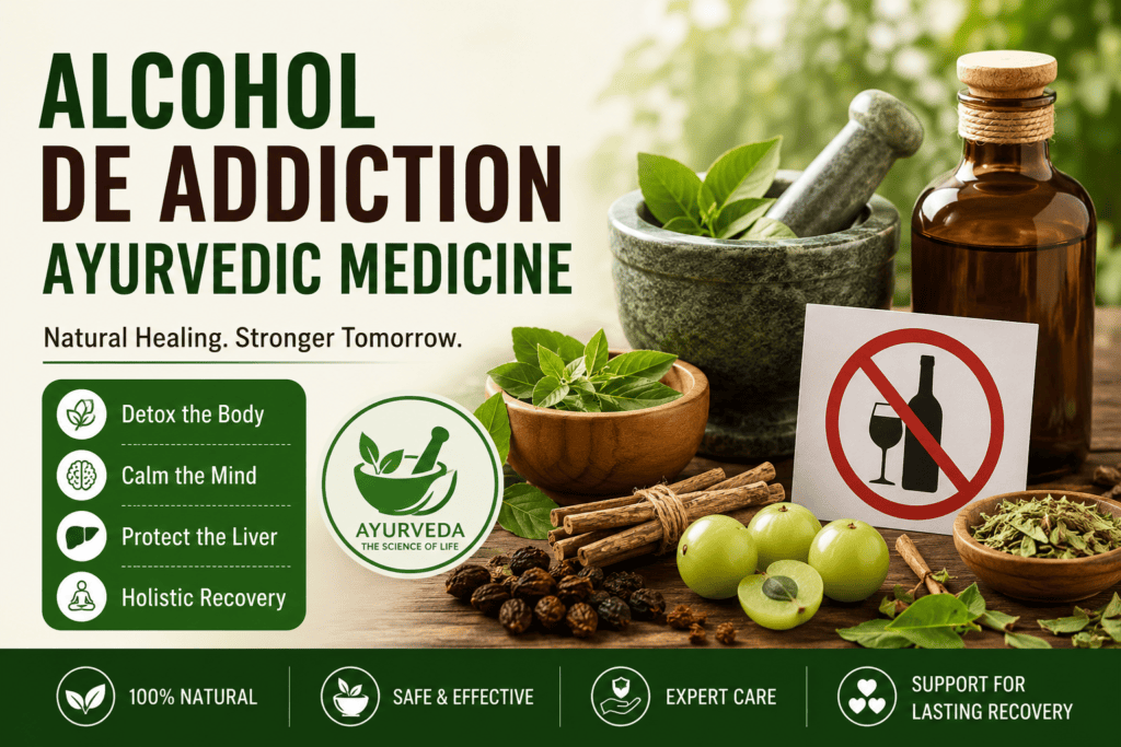 Alcohol de addiction Ayurvedic medicine with natural herbs and holistic alcohol recovery treatment concept